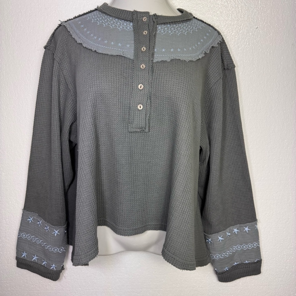 POL waffle grey long sleeve top embroidered detail size L